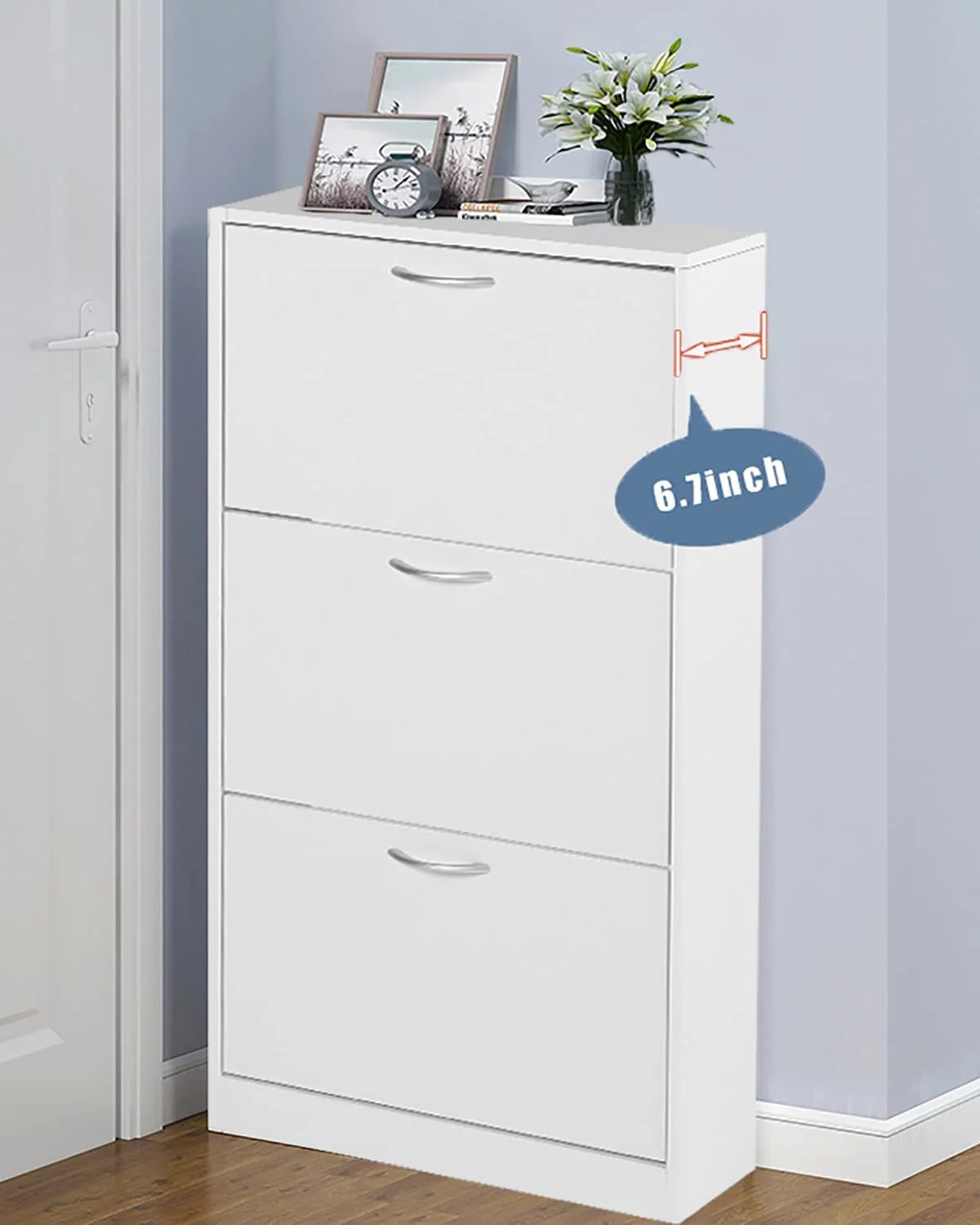 White Narrow 3 Tier Wood Shoe Cabinet Y4380