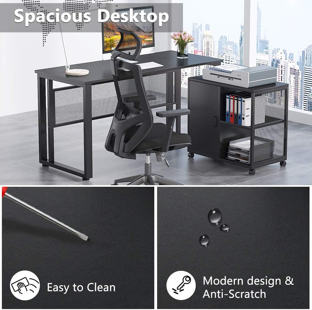 Black 55 inch L-Shaped Computer Desk with File Cabinet S4055