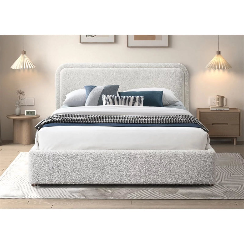 Queen Upholstered Platform Bed in White Boucle Fabric L9126