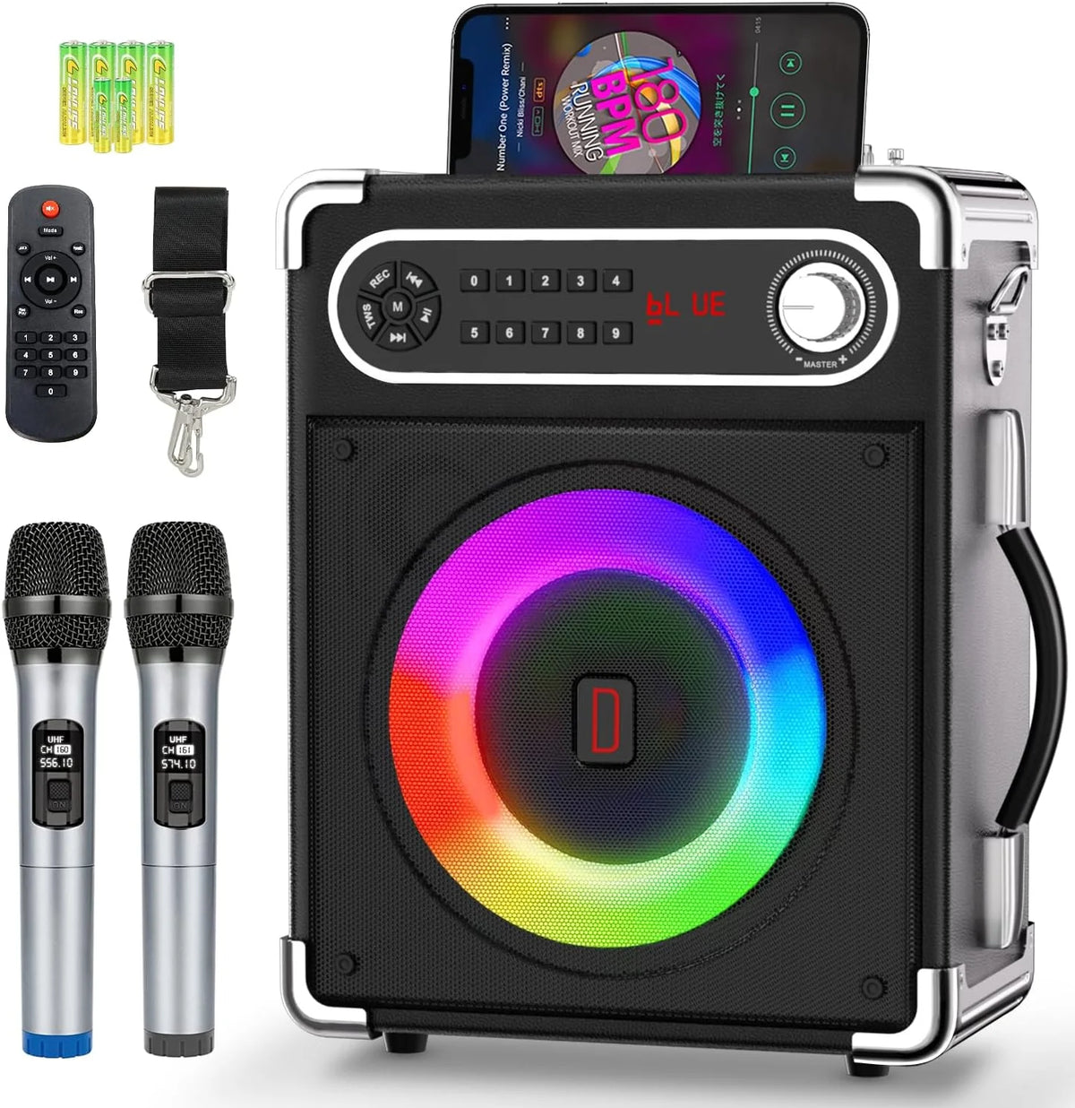 Karaoke Machine with 2 Wireless Microphones, Bluetooth Speaker F558