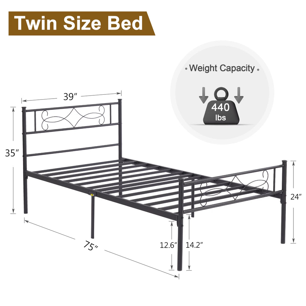 Twin Size Black Metal Platform Bed Frame with Headboard O616