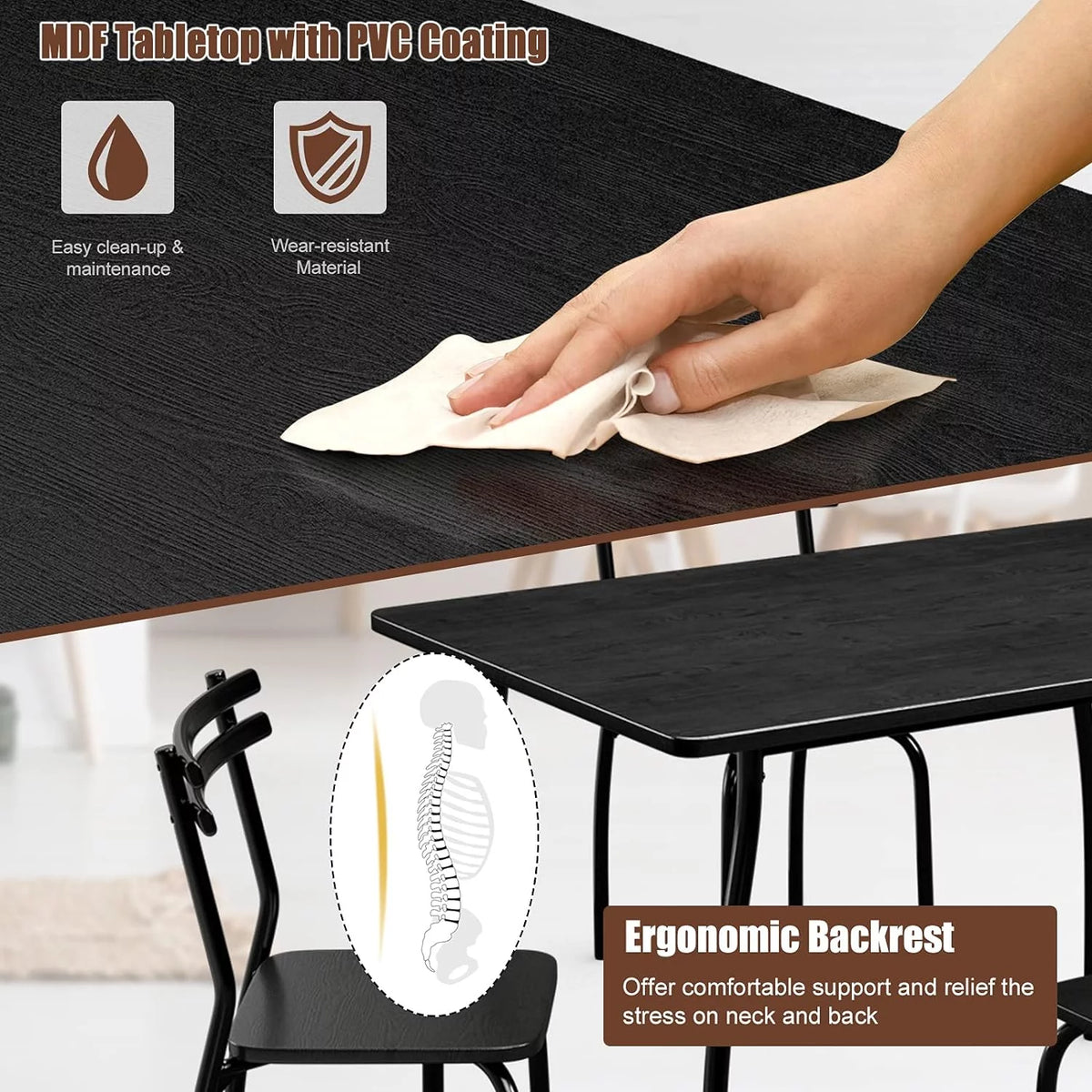 Modern Metal and Wood Rectangular Dining Table Set with 4 Chairs P694