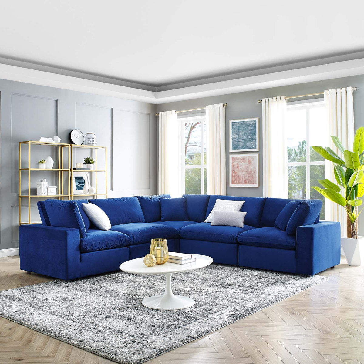 Blue Navy Velvet Sectional Sofa Set J106294