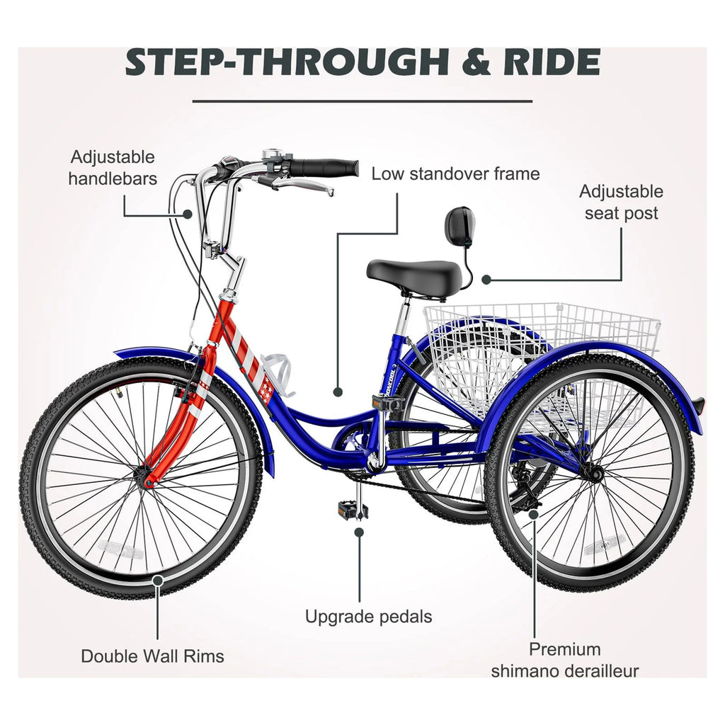 Adult Tricycles 3 Wheel 7 Speed 20 inch with Big Basket U563