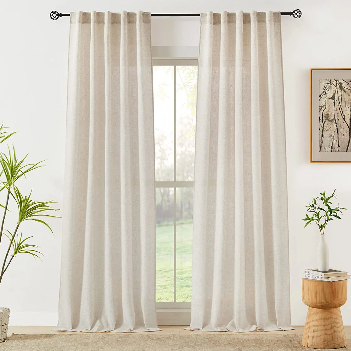 Beige Semi Sheer Linen Curtains 2 Panels 40''x84'' Q453416