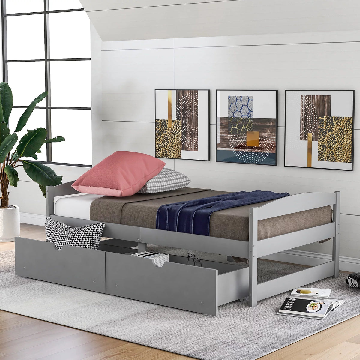 Twin Size Platform Bed with Two Drawers Gray K782549
