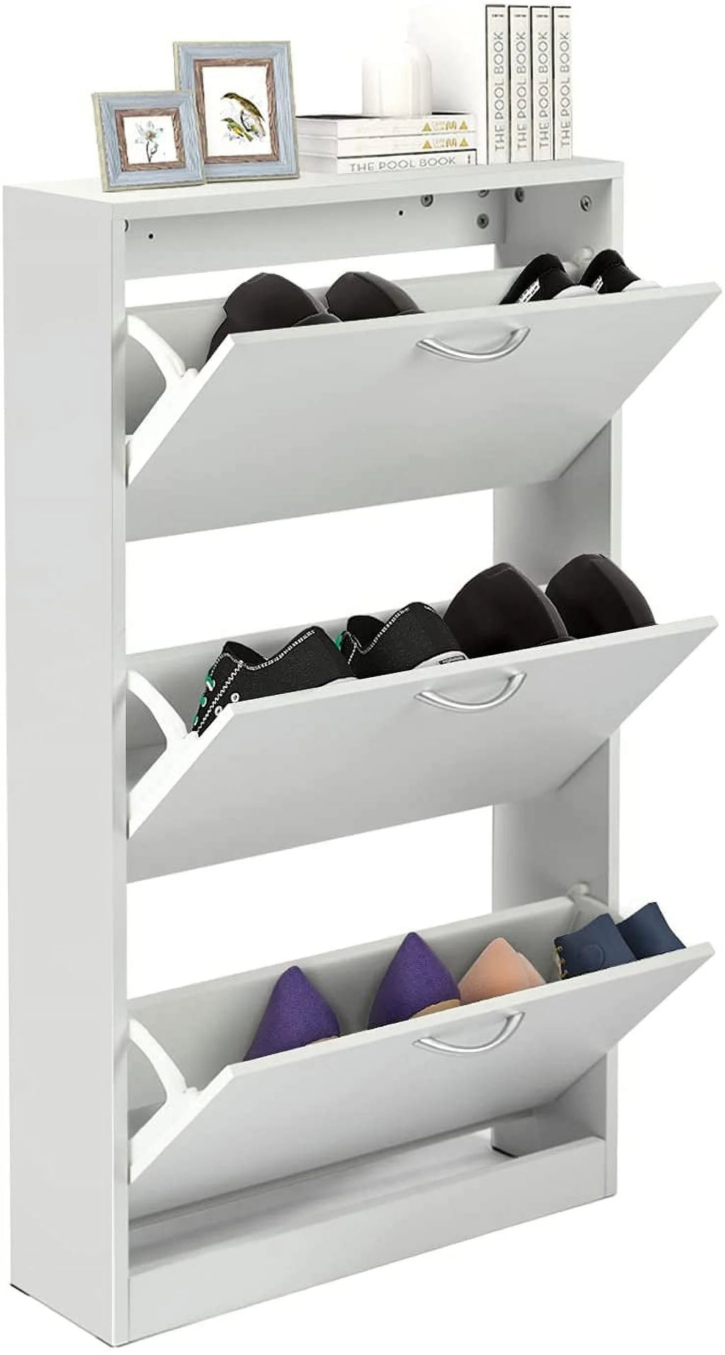 White Narrow 3 Tier Wood Shoe Cabinet Y4380