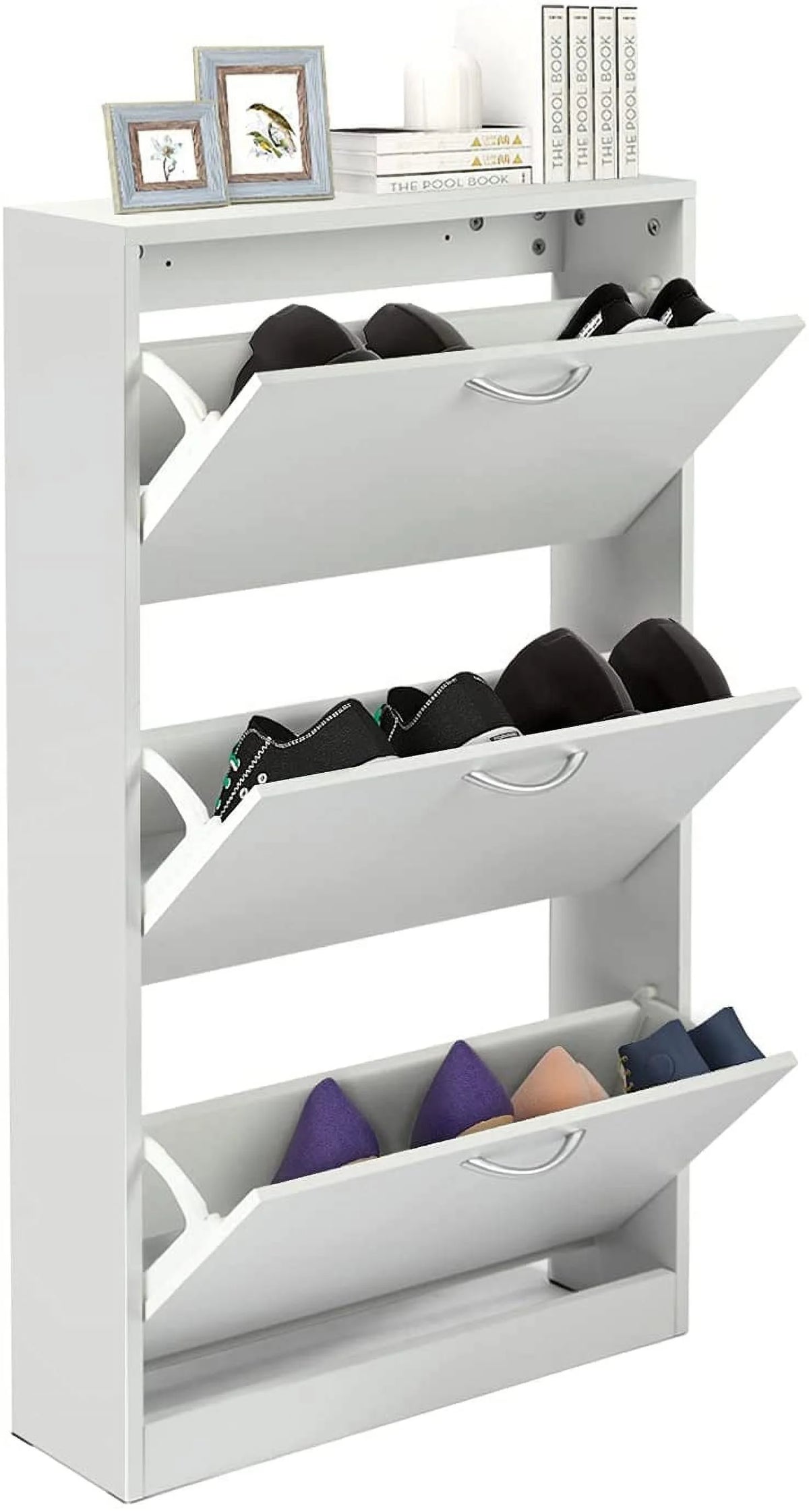 White Narrow 3 Tier Wood Shoe Cabinet Y4380