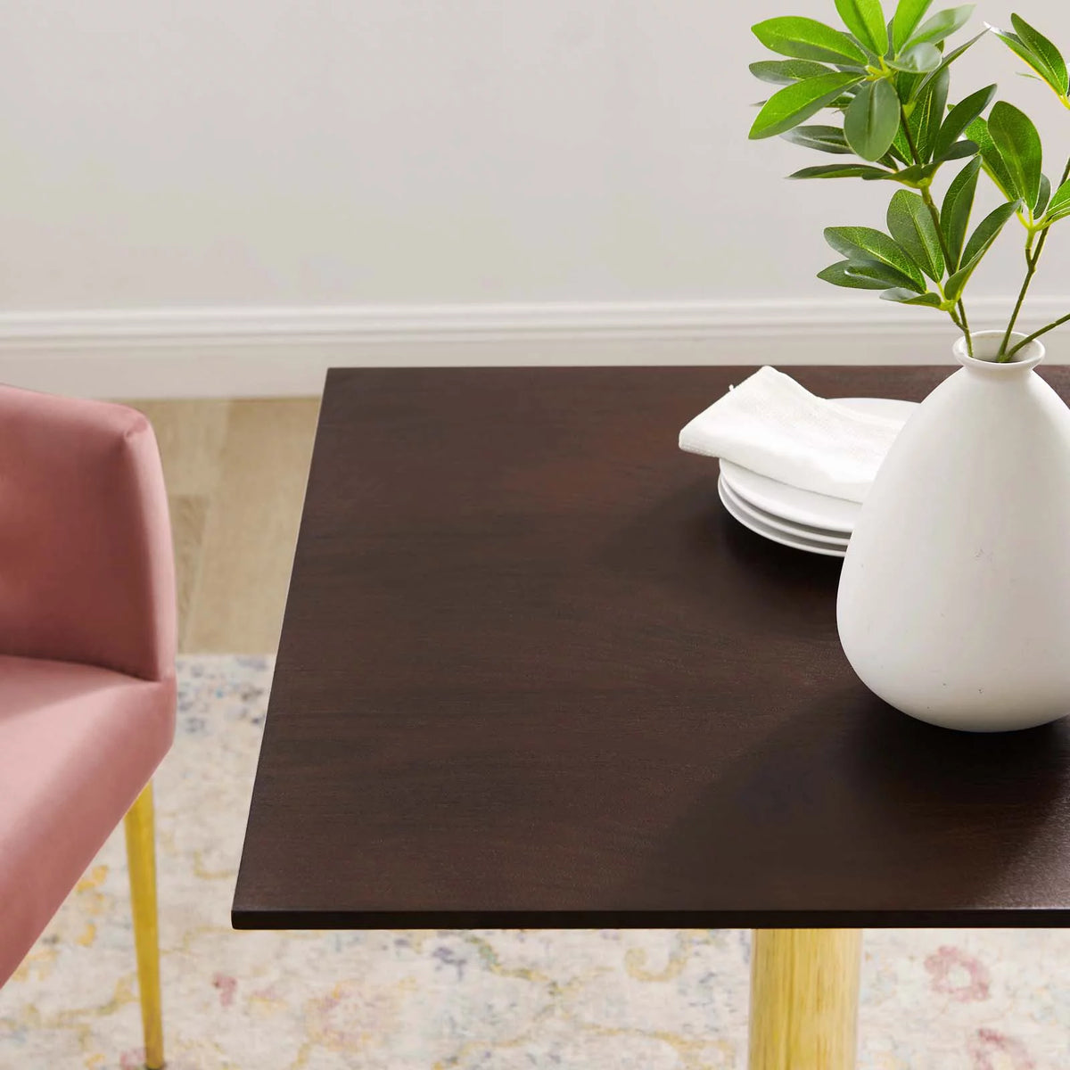 28 inch Square Gold Walnut Wood Metal Dining Table N46791