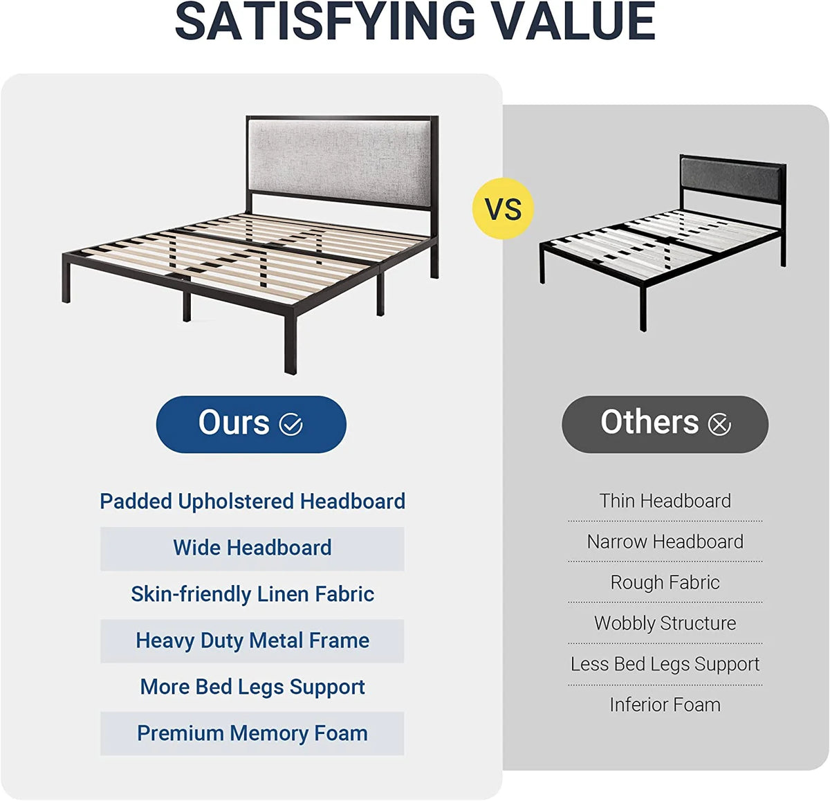 Queen Size Grey Metal Platform Bed Frame with Upholstered Headboard G88470