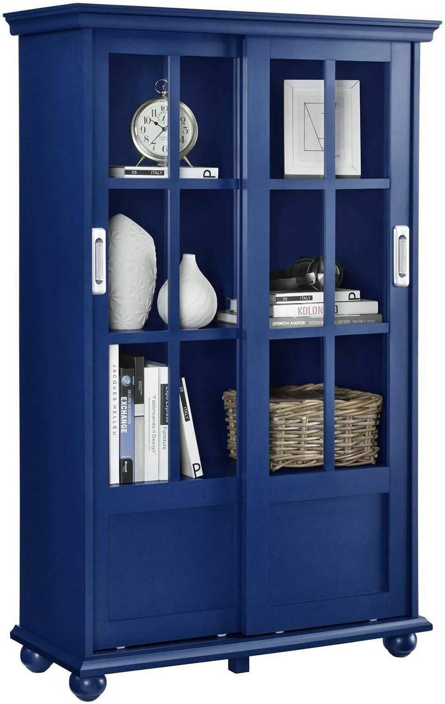Navy Blue 4 Shelves Wooden Bookcase with Glass Door Q639
