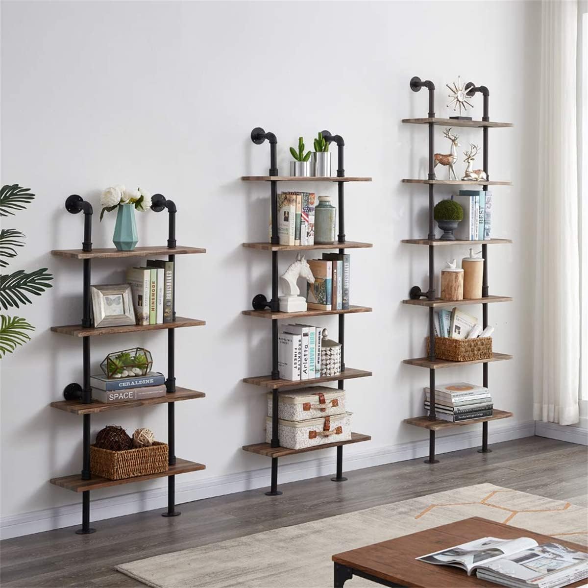 Rustic Industrial 5-Shelf Ladder Bookcase S953