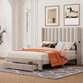 Beige Full Size Wood Platform Bed with Drawer V41432