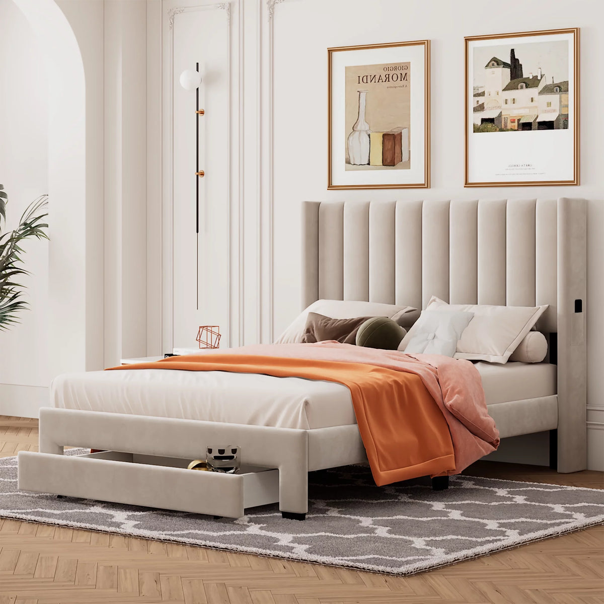 Beige Full Size Wood Platform Bed with Drawer V41432