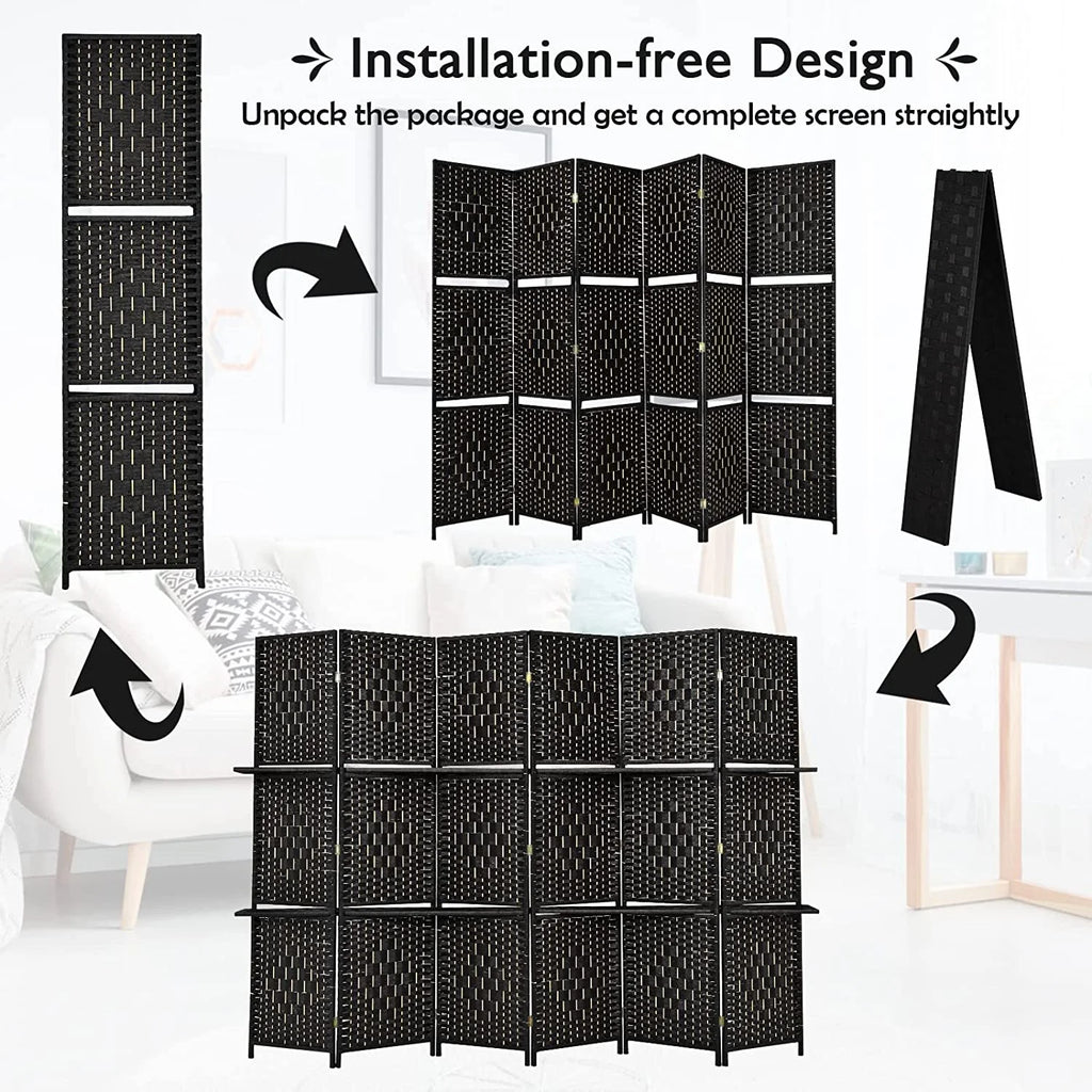 6Ft 6 Panel Hand-Woven Rattan Room Divider with Shelves G408176
