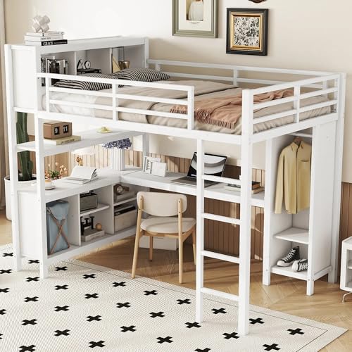Full Size White Metal Loft Bed with L Shaped Desk and Wardrobe Z328607