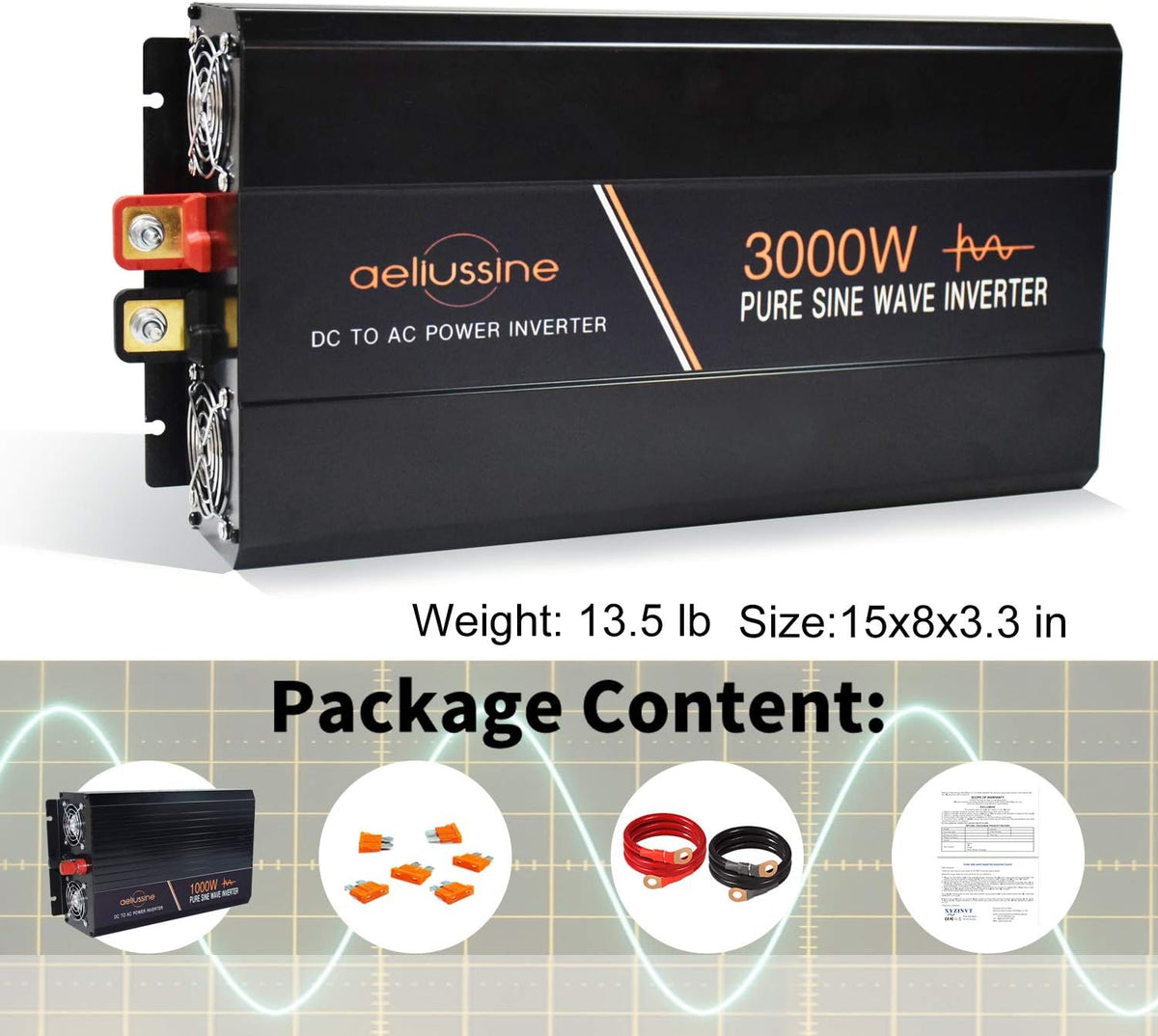3000 Watt Pure Sine Wave Power Inverter 24 Volt DC to AC 110V 120V with LCD Display Remote Switch I967