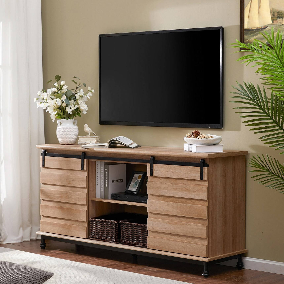 Oak Sliding Barn Door TV Stand Storage Cabinet V763821