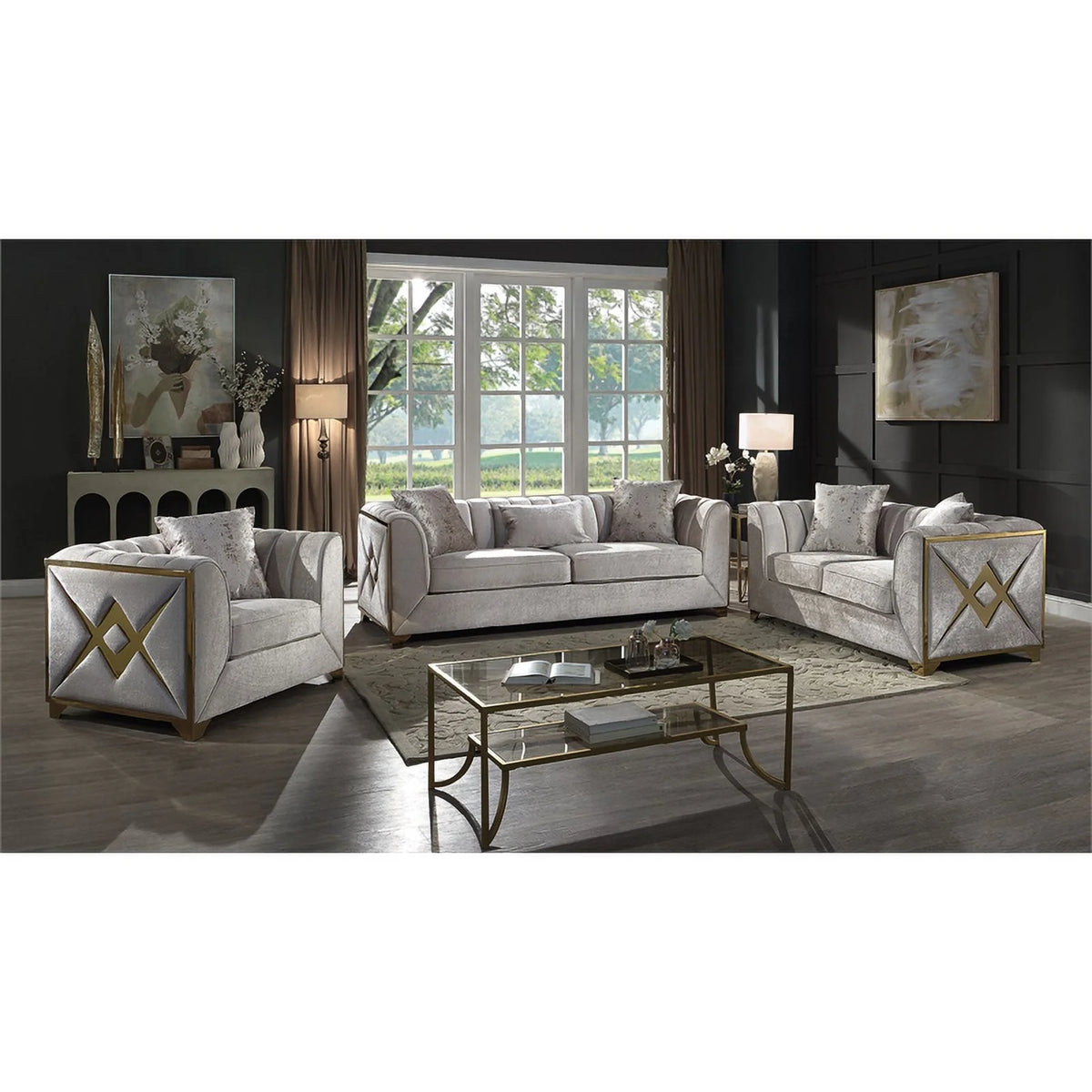 2 PC Wood Living Room Set in Cream I7032