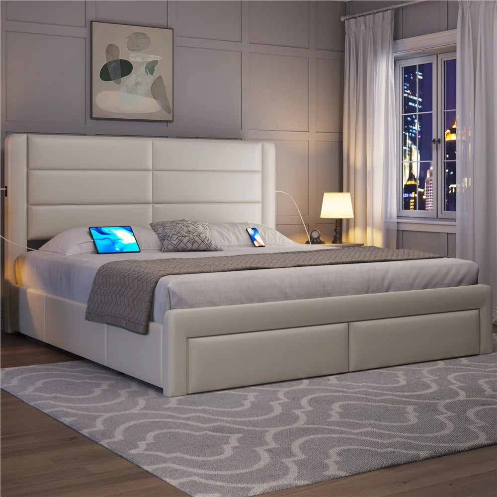 Beige Upholstered Platform Bed with 3 Storage Drawers and USB Ports W59790