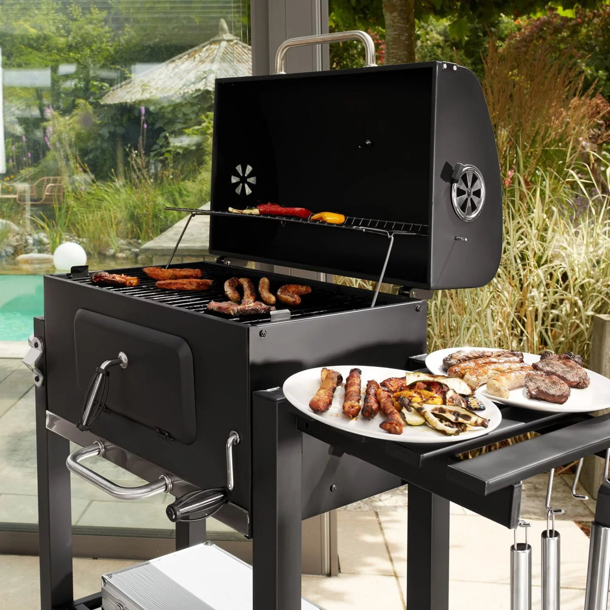 24-inch Charcoal BBQ Grill with 2 Folding Side Shelves K79331