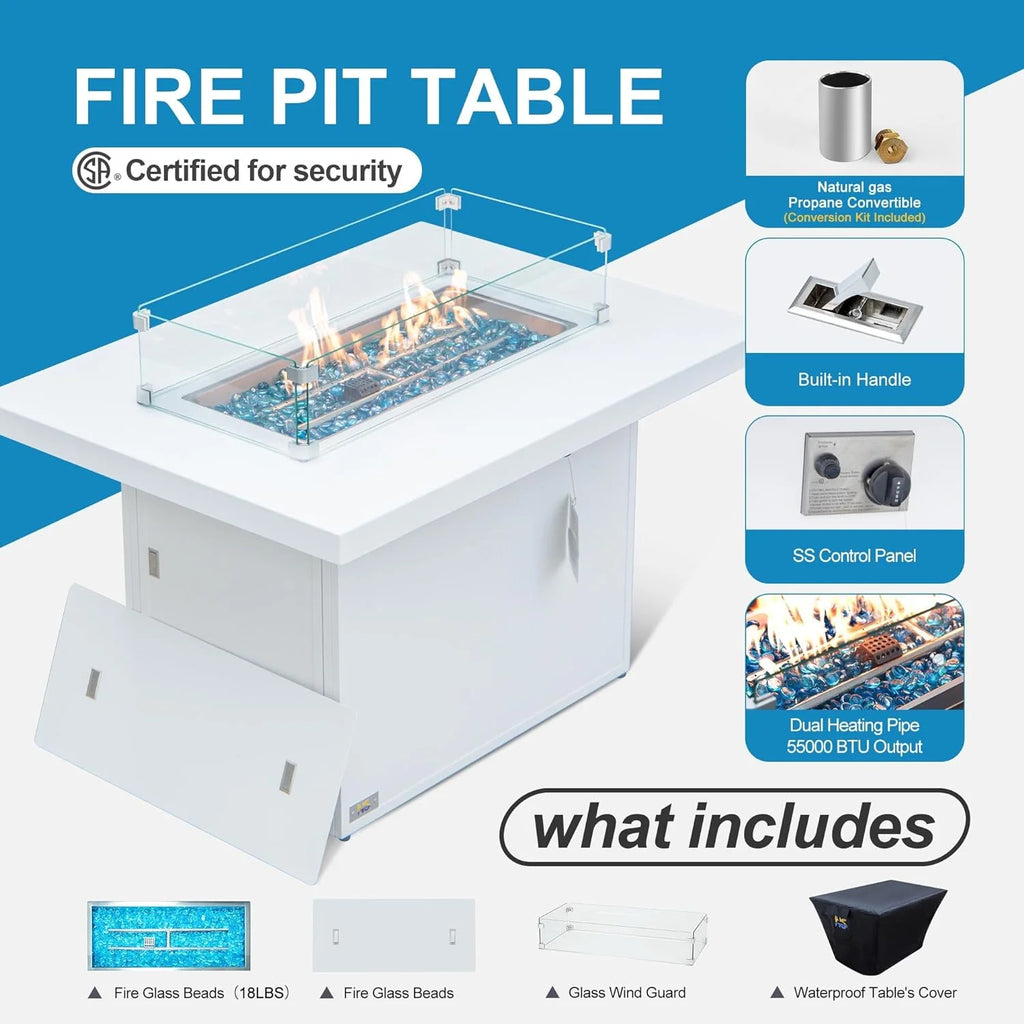 Aluminum Patio Conversation Set with 43" Propane Fire Pit Table White M5142