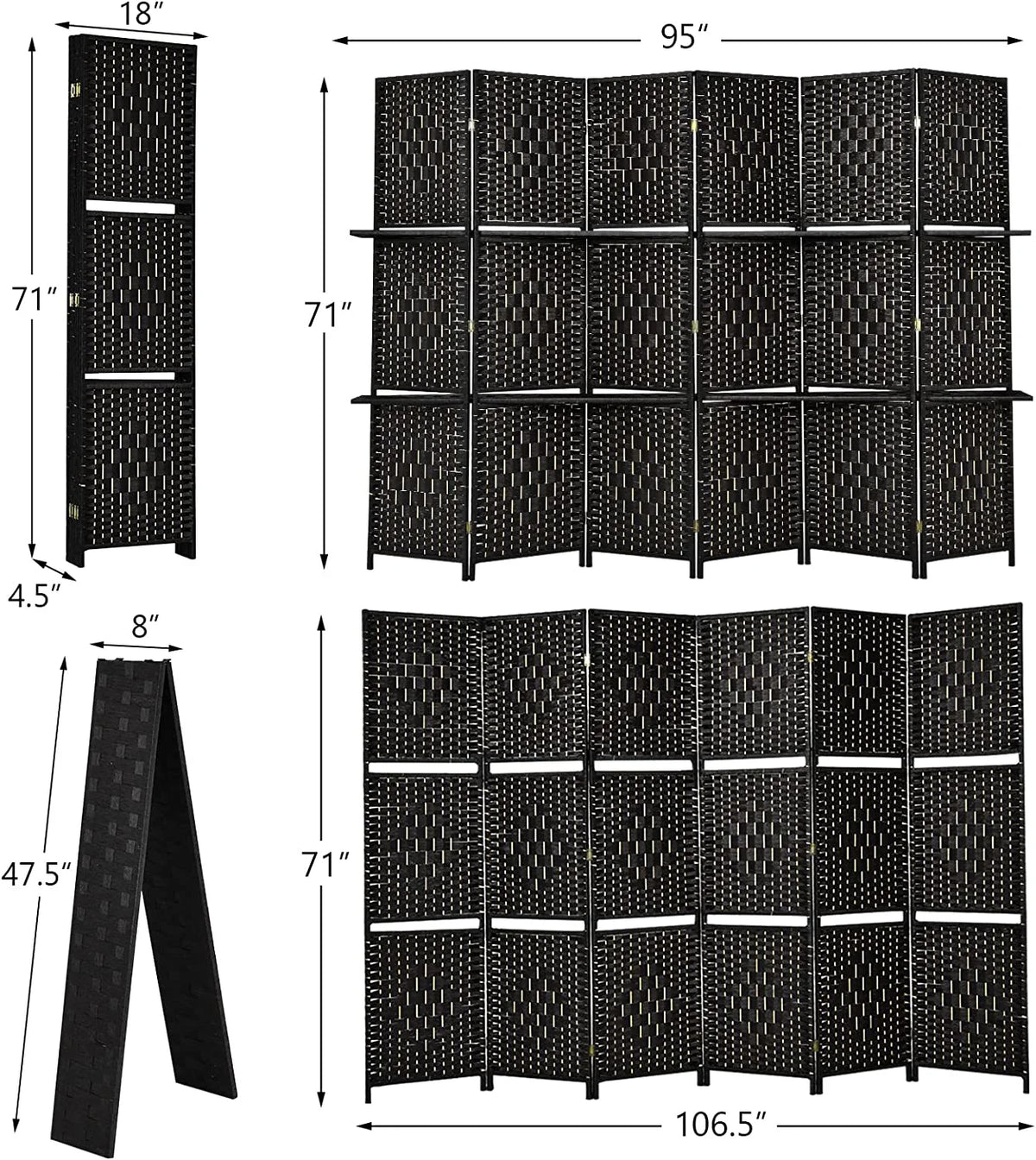 6Ft 6 Panel Hand-Woven Rattan Room Divider with Shelves G408176