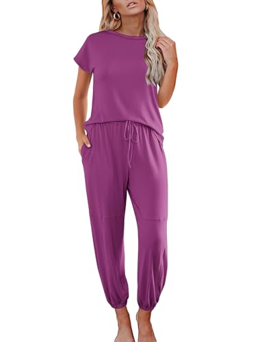 2 Piece Cap Sleeve Pajamas Set with Joggers Pants Q405100