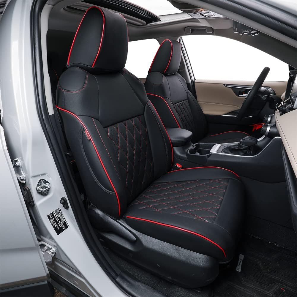 Custom Fit Full Set Car Seat Covers Leatherette Black with Red Trim I758