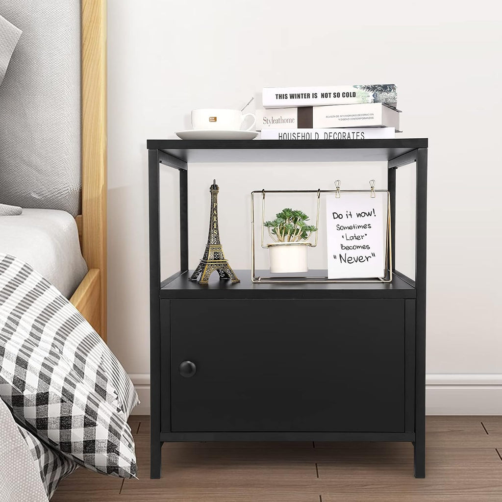 Industrial Bedside Table with Storage Cabinet and Open Shelves G523099