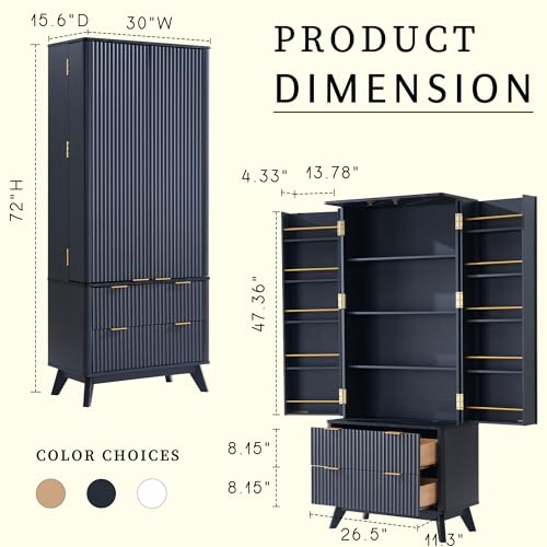 72" Dark Grey Wood Pantry Cabinet with 10 Door Shelves & 2 Drawers K7288