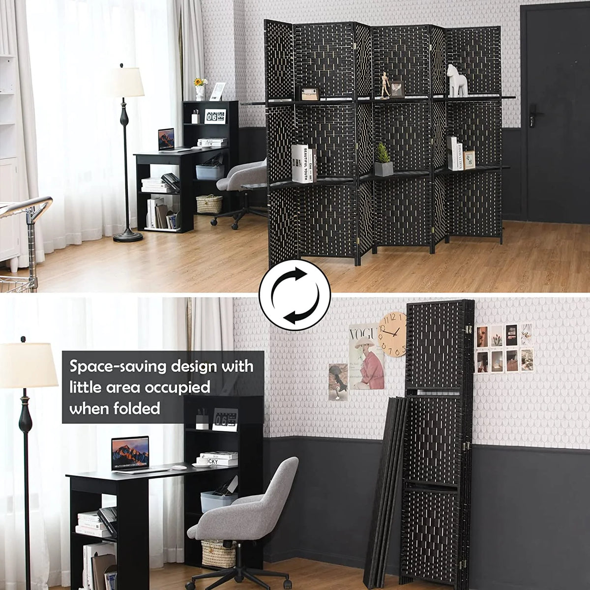 6Ft 6 Panel Hand-Woven Rattan Room Divider with Shelves G408176