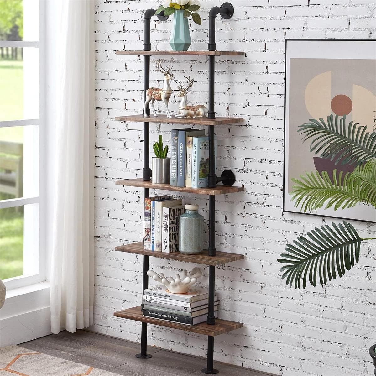 Rustic Industrial 5-Shelf Ladder Bookcase S953