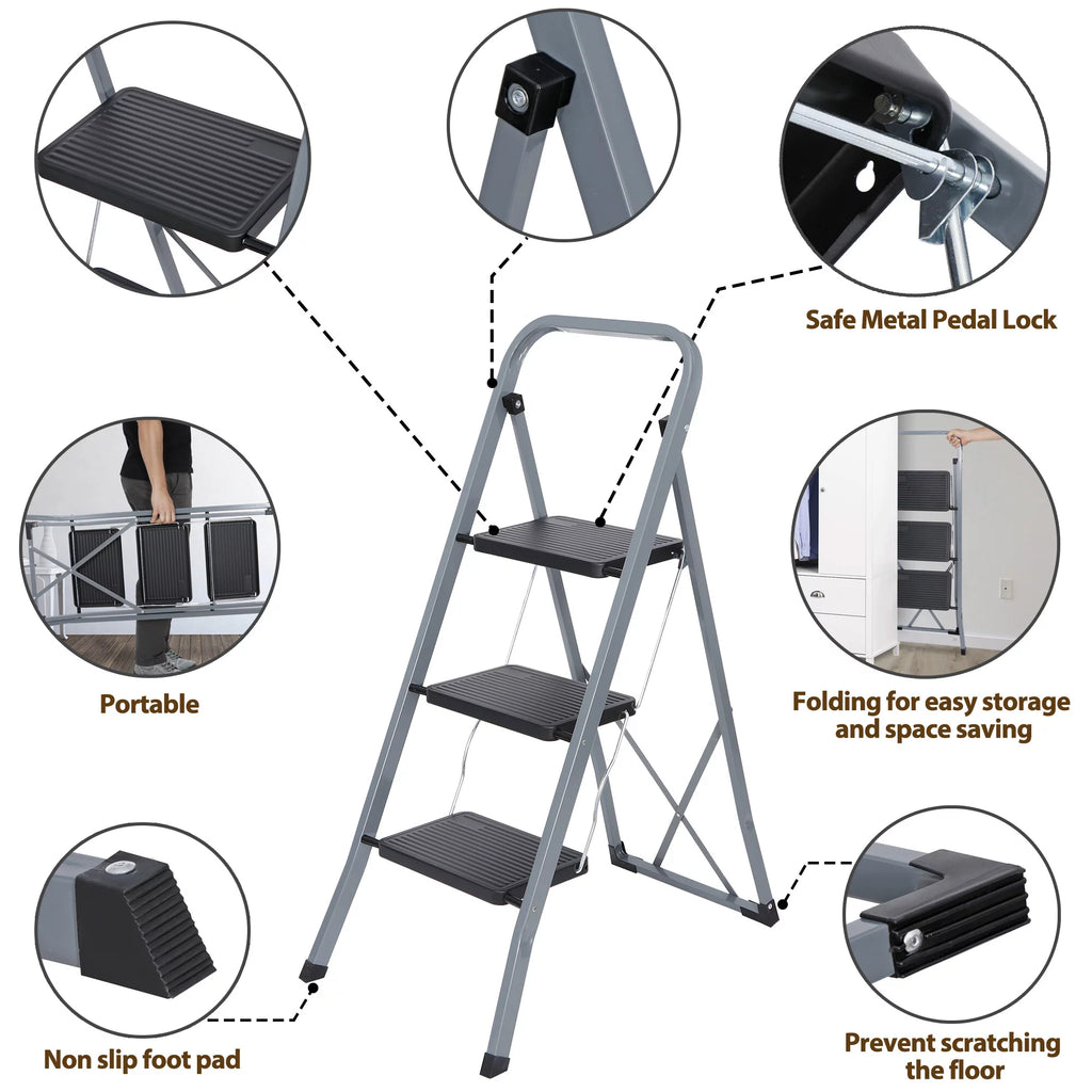 Folding 3-Step Steel Ladder with Handgrip N294