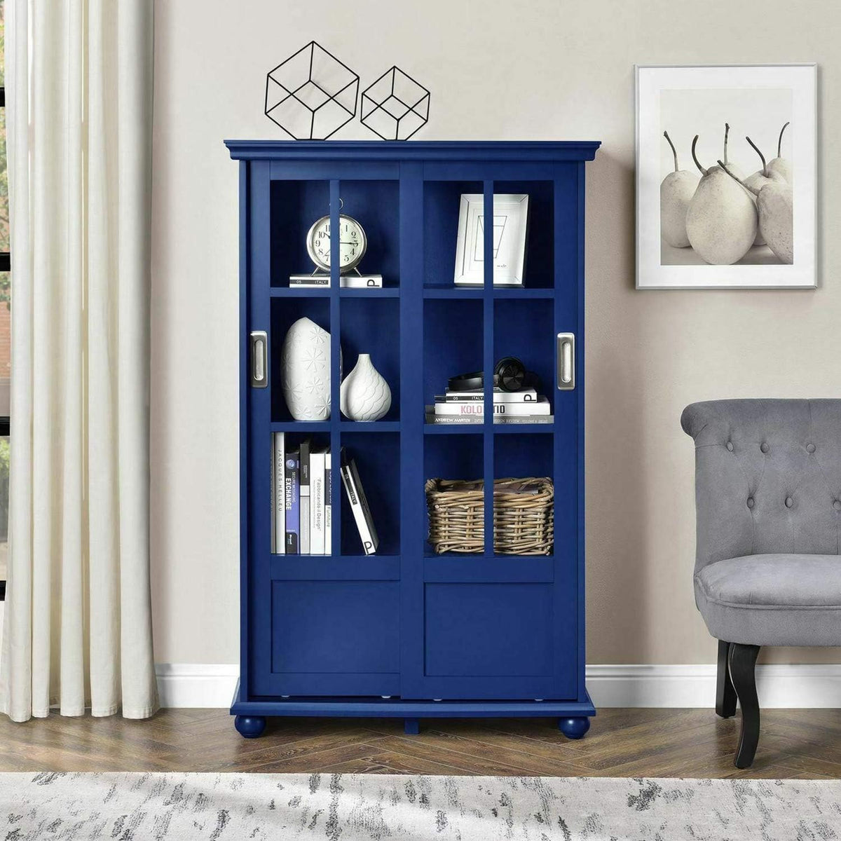 Navy Blue 4 Shelves Wooden Bookcase with Glass Door Q639