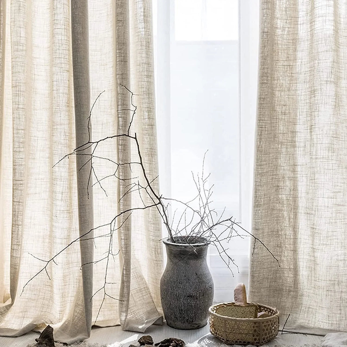 Beige Semi Sheer Linen Curtains 2 Panels 40''x84'' Q453416