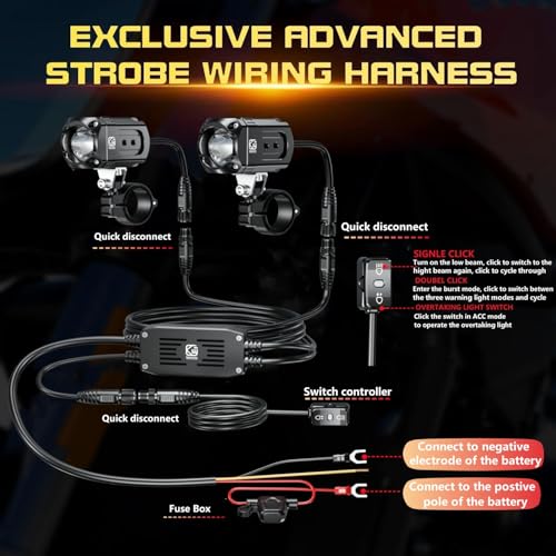 Motorcycle Auxiliary LED Light Kit Driving Spotlights White/Amber Fog Light with Mount Brackets Wire Harness Waterproof 60W Offroad Work Lights (Black) Q383749