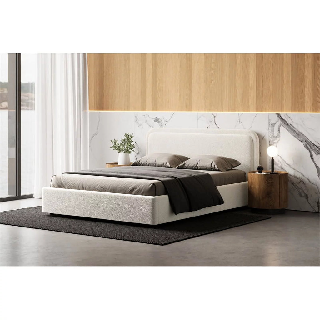 Queen Upholstered Platform Bed in White Boucle Fabric L9126
