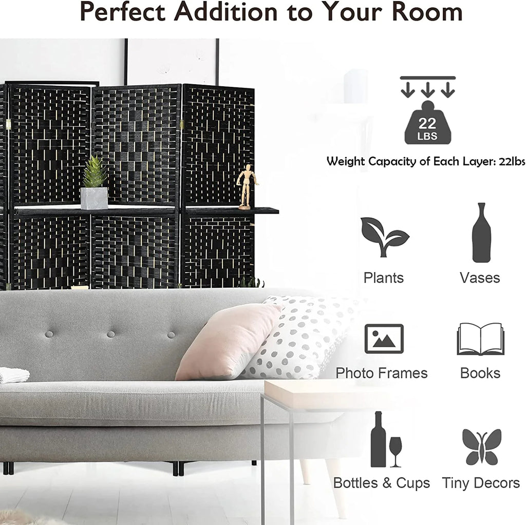 6Ft 6 Panel Hand-Woven Rattan Room Divider with Shelves G408176