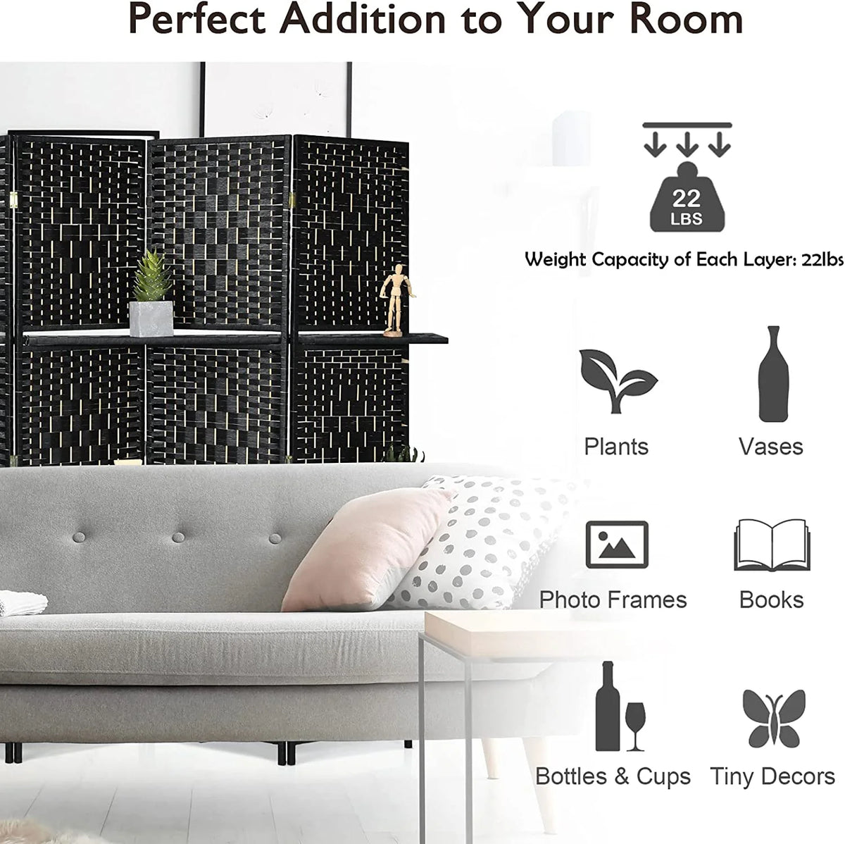 6Ft 6 Panel Hand-Woven Rattan Room Divider with Shelves G408176