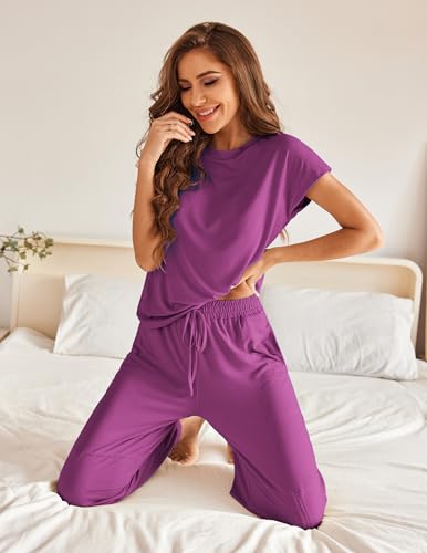 2 Piece Cap Sleeve Pajamas Set with Joggers Pants Q405100