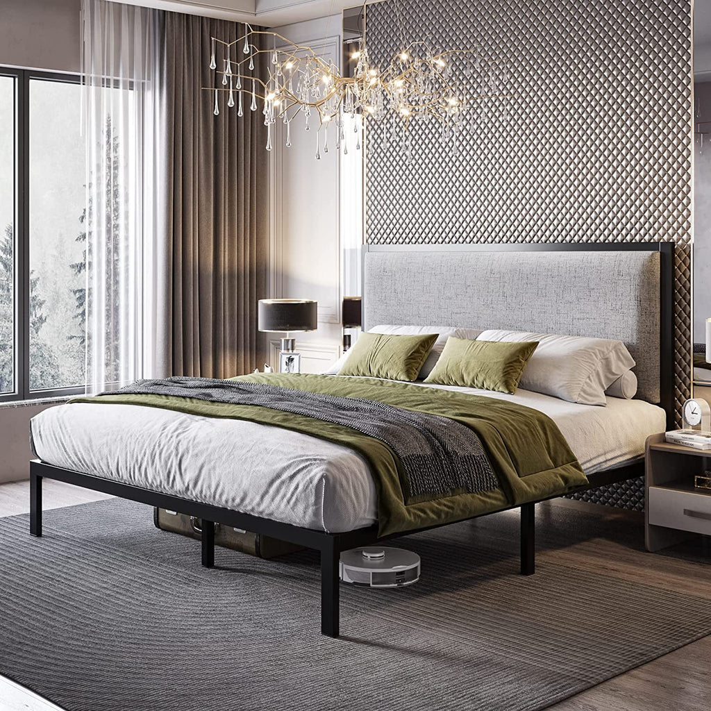 Queen Size Grey Metal Platform Bed Frame with Upholstered Headboard G88470