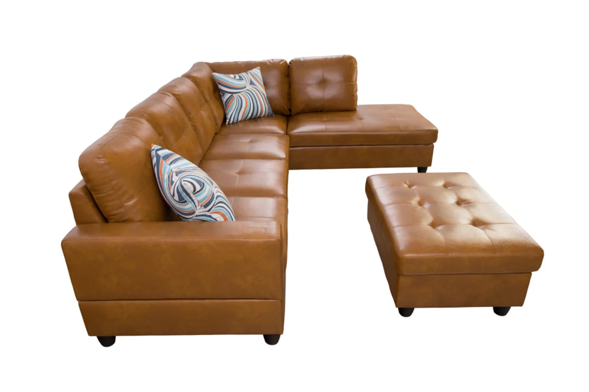Ginger Leather L-Shaped Sectional Sofa with Chaise Storage Ottoman F556