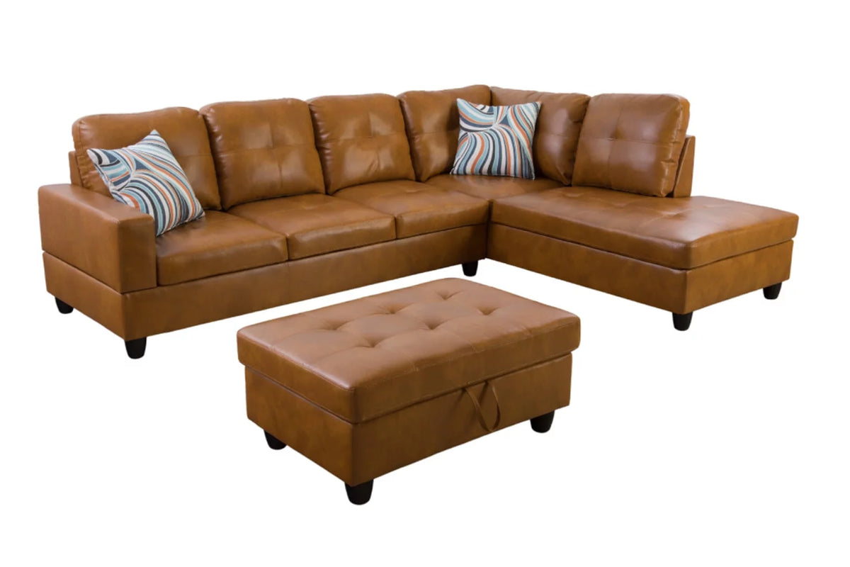 Ginger Leather L-Shaped Sectional Sofa with Chaise Storage Ottoman F556