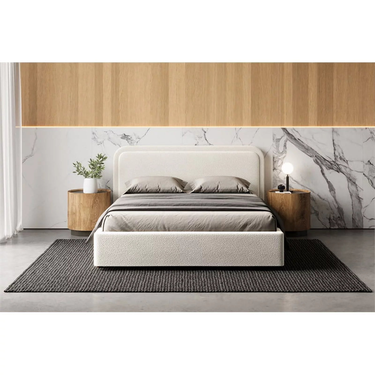 Queen Upholstered Platform Bed in White Boucle Fabric L9126