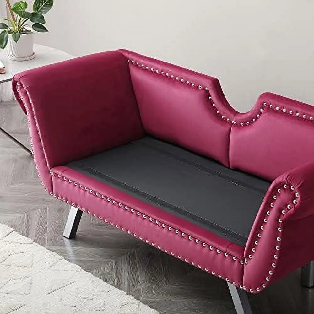 Velvet Ottoman Bench with Back and Silver Metal Legs T711716