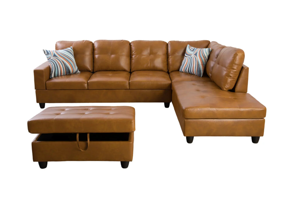 Ginger Leather L-Shaped Sectional Sofa with Chaise Storage Ottoman F556