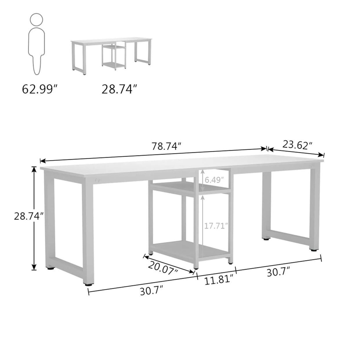 White 78 Inches Rectangle Computer Desk with Shelves L381