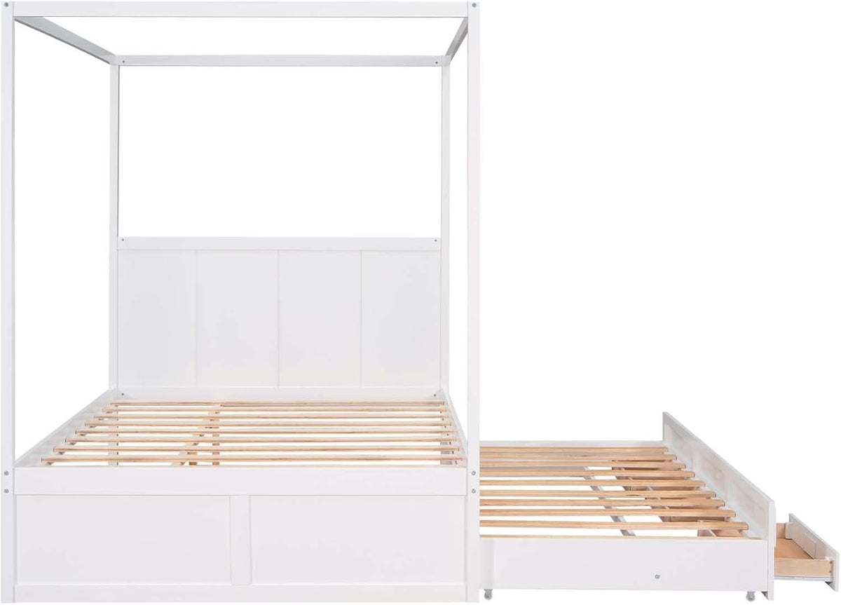 White Queen Size Wood Canopy Platform Bed with Twin Size Trundle Bed and 3 Storage Drawers Z189