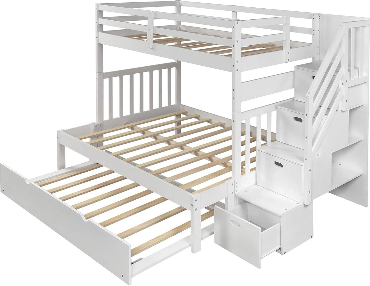 White Twin Over Twin Bunk with Trundle, 4 Drawers, and 3 Shelves Y97229